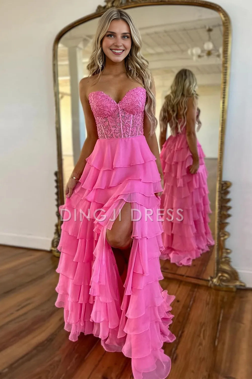 DingJiDress Elegant A-Line Sweetheart Lace And Chiffon layering With Slit Long Exquisite Prom Dress