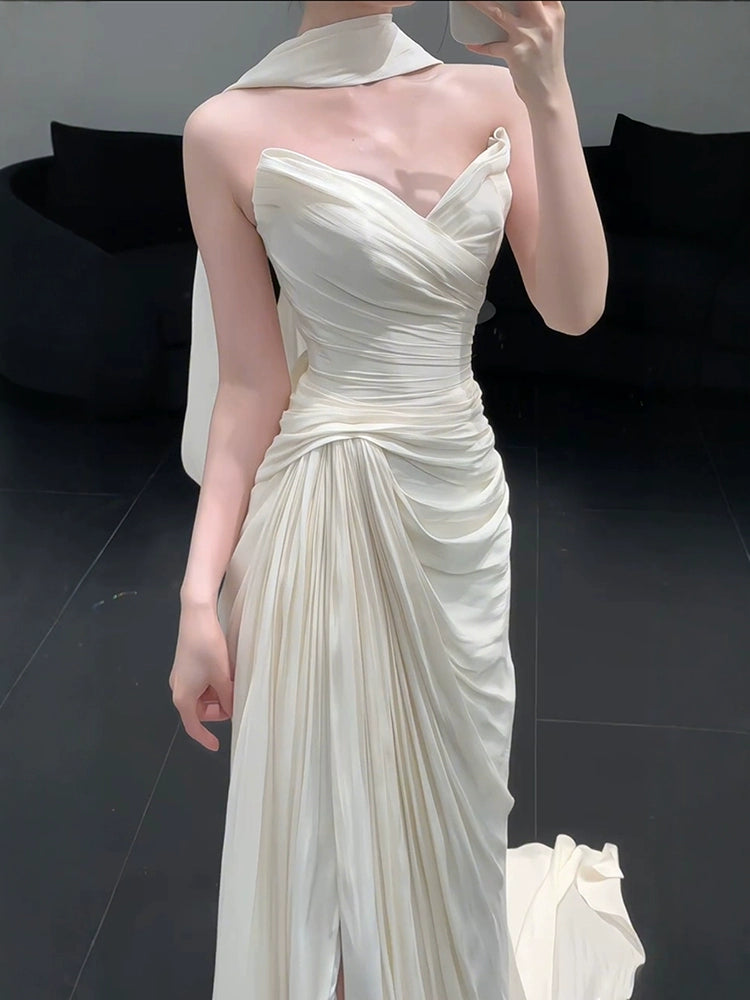 Strapless Pleat Long Wedding Dress Evening Party Dresses