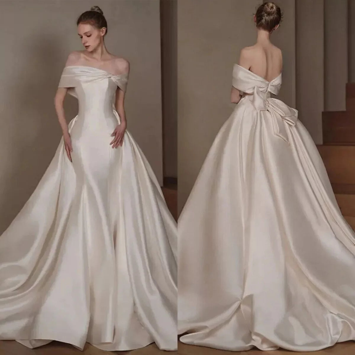 Luxury Satin A-Line Wedding Dress Boat Neck Sleeveless Off Shoulder Bridal Gown