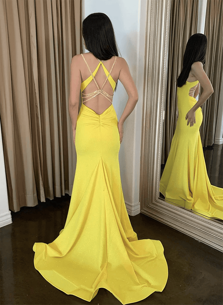 Light Yellow Mermaid Long Straps Formal DressLight Yellow Evening Dress Prom Dress
