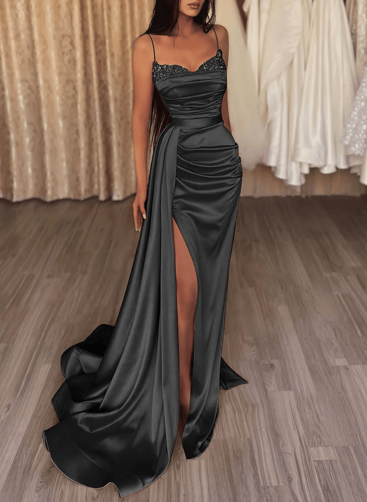 Black Soft Satin with Beadings Long Prom DressBlack Party Dress with Leg Slit