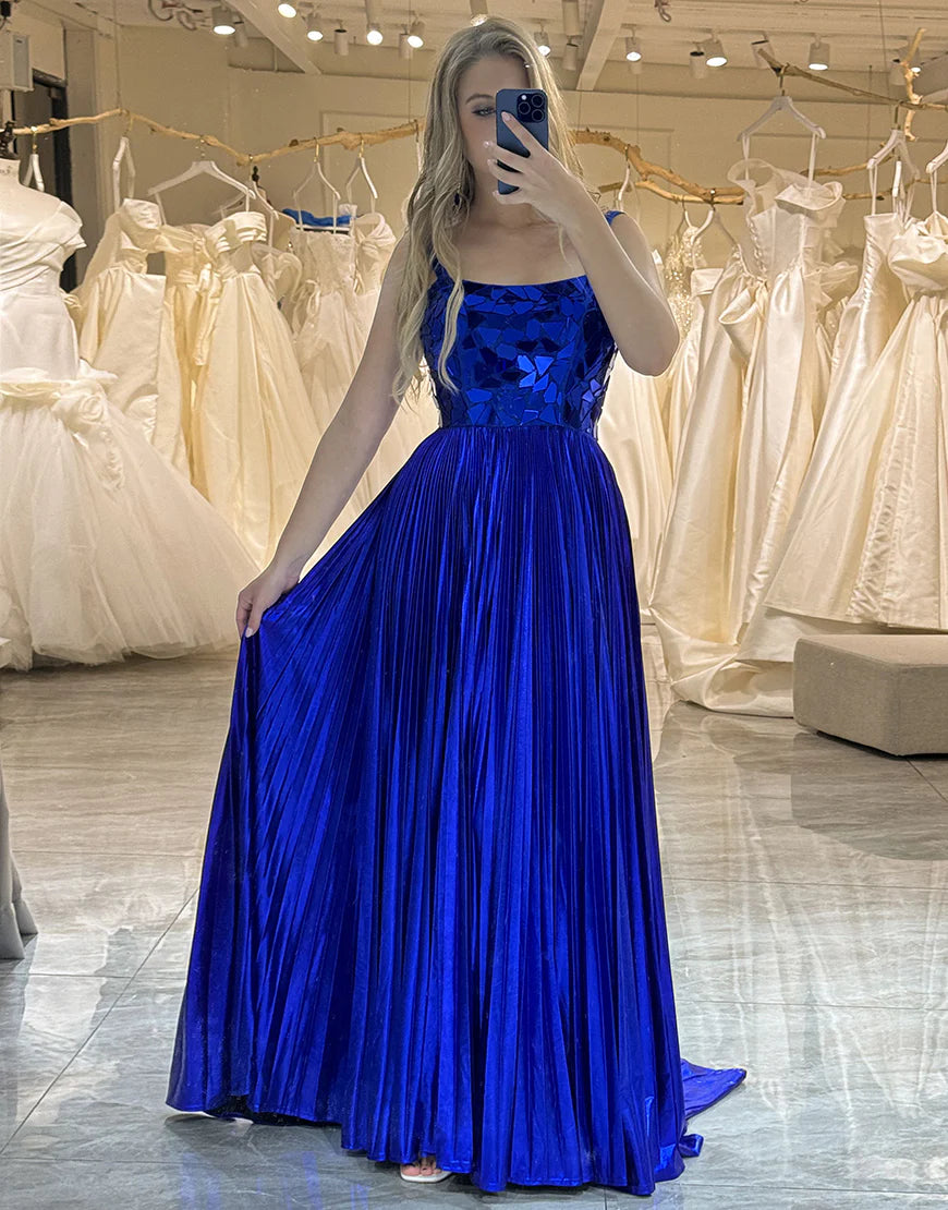 Royal Blue A-Line Mirror Long Prom Dress With Split