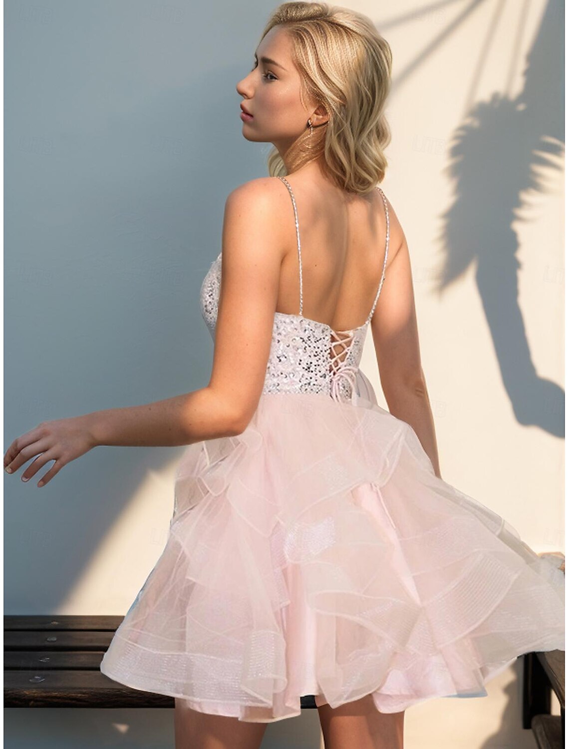 A-Line Homecoming Dresses Open Back Dress Wedding Graduation Short / Mini Sleeveless Spaghetti Strap Pink Dress Organza with Sequin