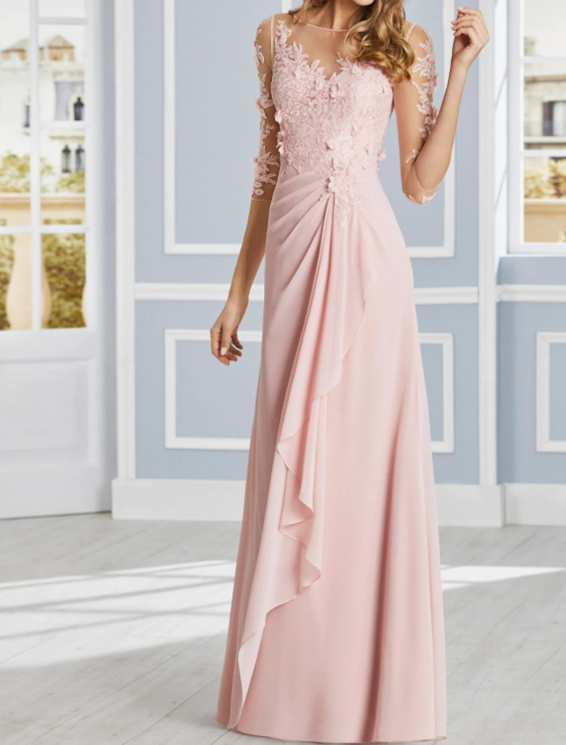 Sheath Evening Gown Luxurious Dress Wedding Guest Engagement Floor Length Half Sleeve Illusion Neck Chiffon with Ruffles Draping Appliques