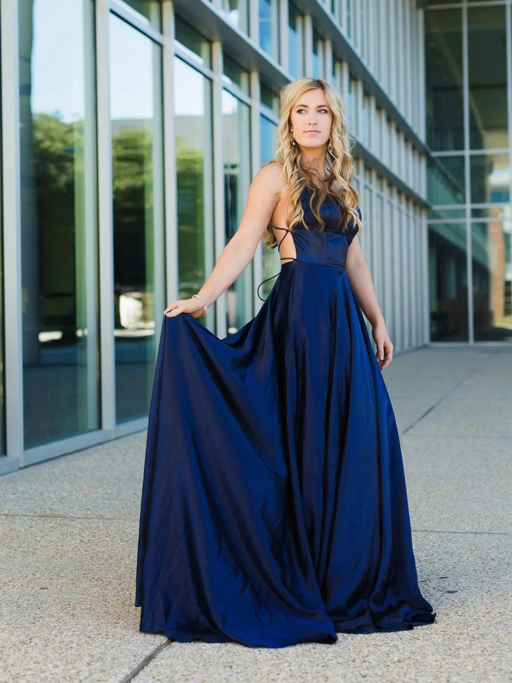 Simple blue satin long prom dress blue backless evening dress