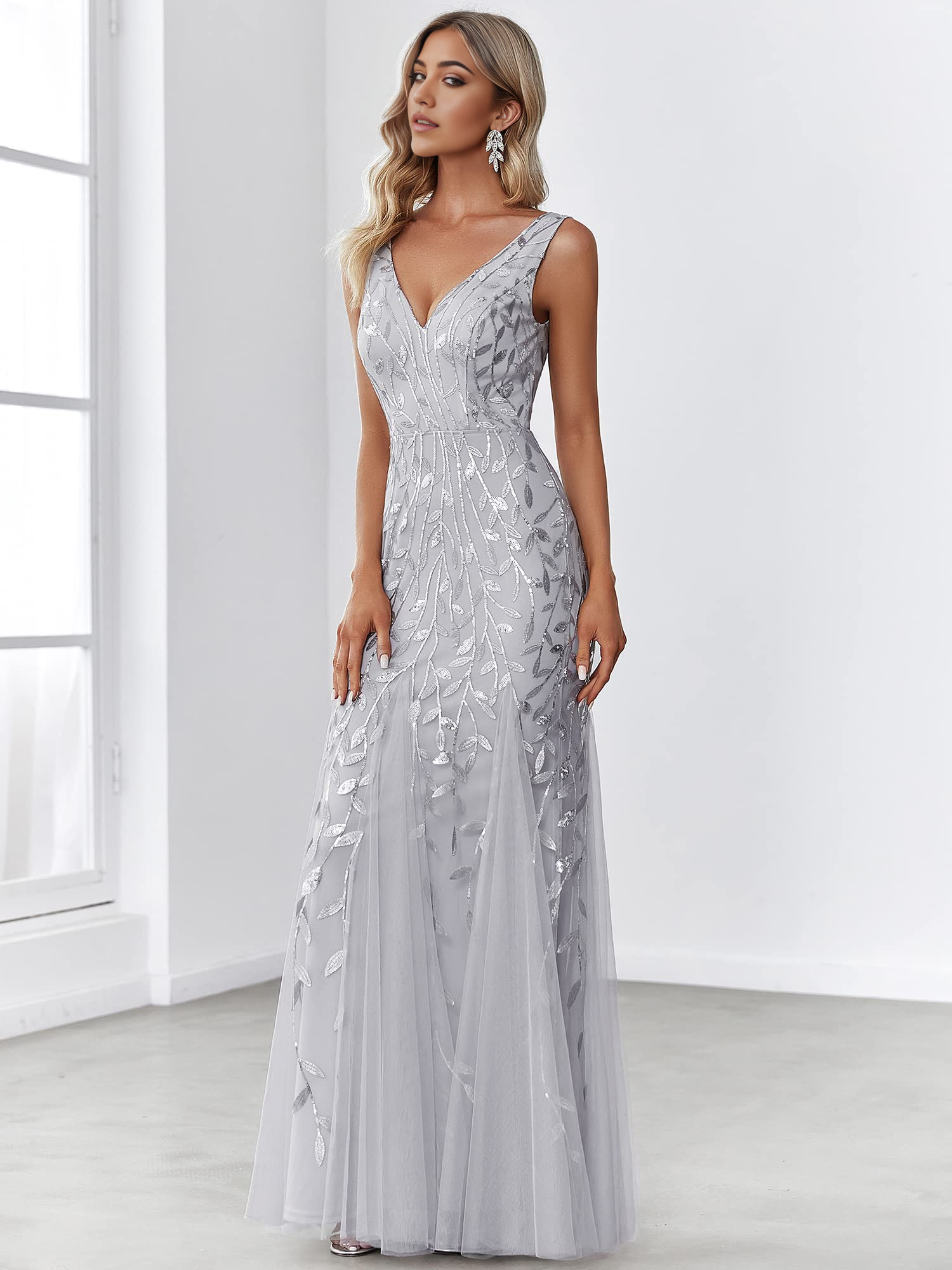 DingJiDress Prom Dresses Women's Sequin Double V-Neck Sleeveless Mermaid Long Evening Dress Formal Wear Dresses Wedding Guest Dresses