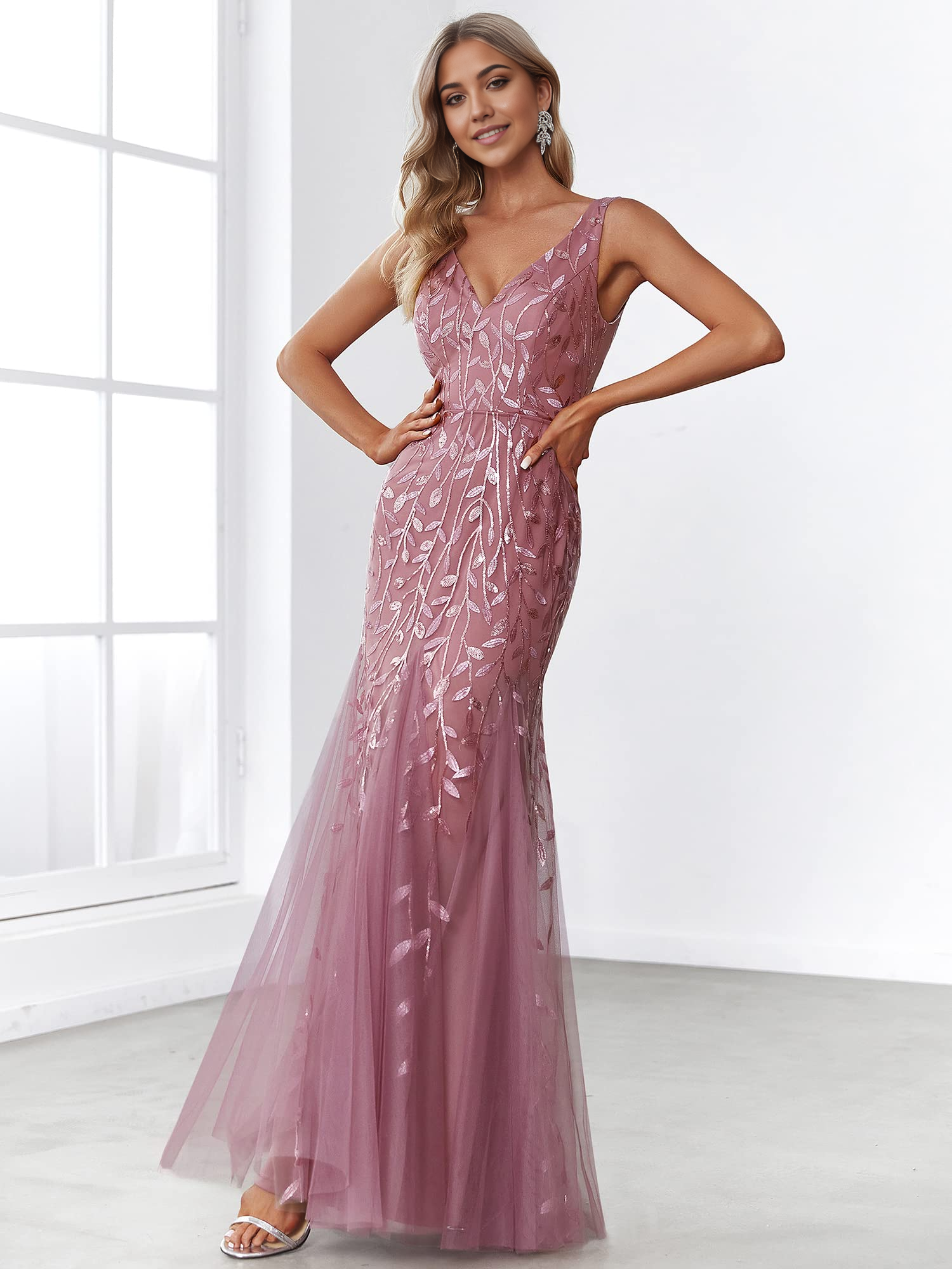 DingJiDress Prom Dresses Women's Sequin Double V-Neck Sleeveless Mermaid Long Evening Dress Formal Wear Dresses Wedding Guest Dresses