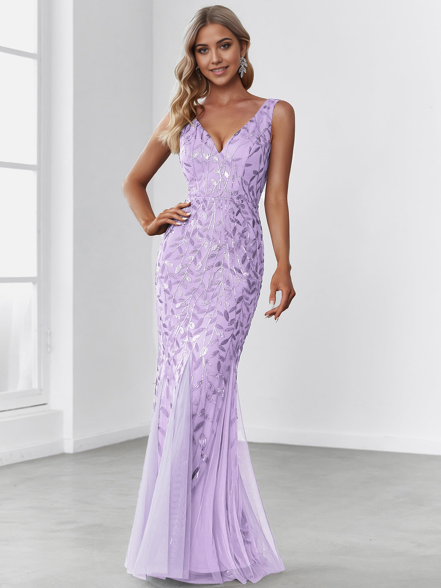 DingJiDress Prom Dresses Women's Sequin Double V-Neck Sleeveless Mermaid Long Evening Dress Formal Wear Dresses Wedding Guest Dresses