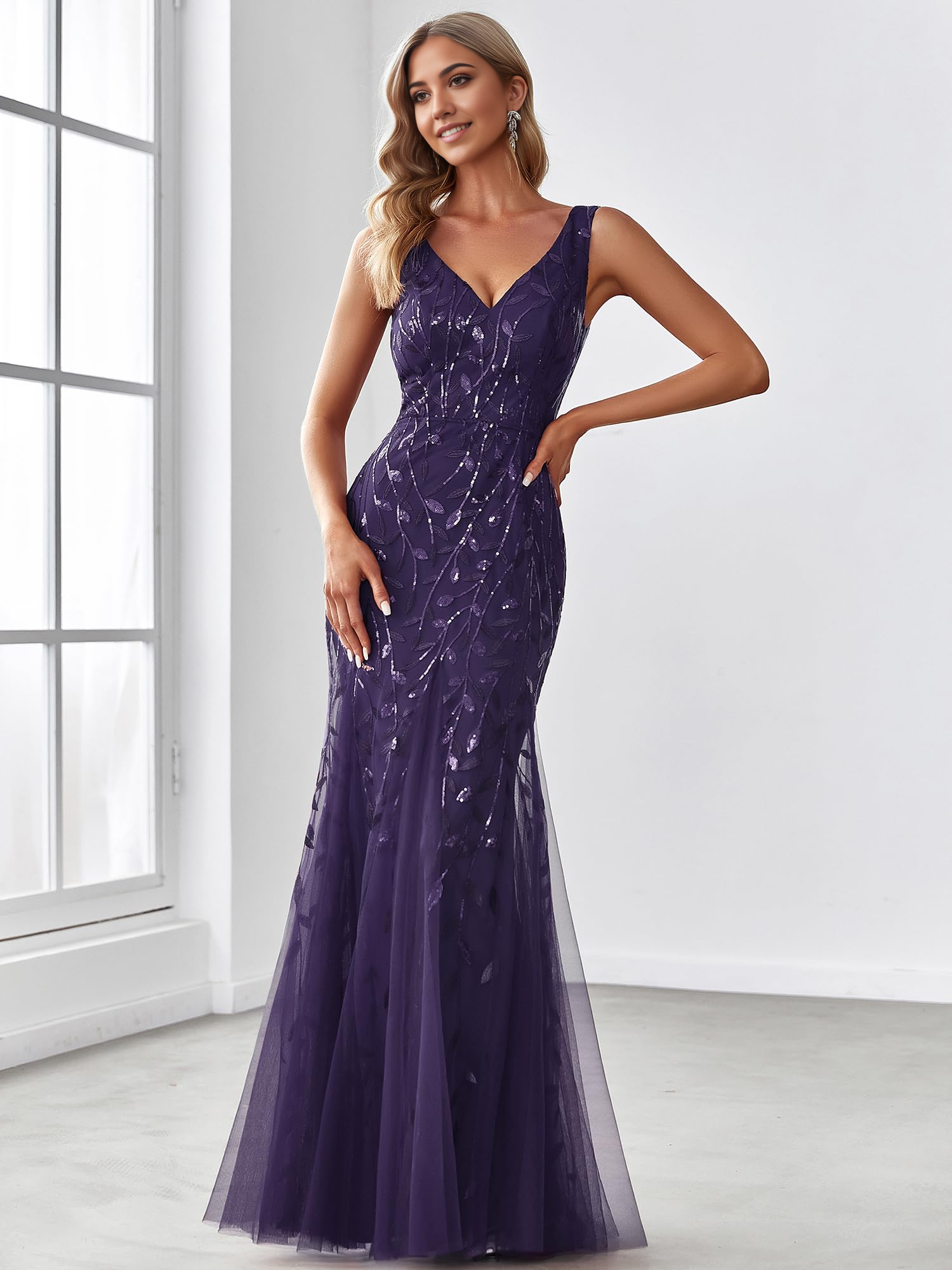 DingJiDress Prom Dresses Women's Sequin Double V-Neck Sleeveless Mermaid Long Evening Dress Formal Wear Dresses Wedding Guest Dresses