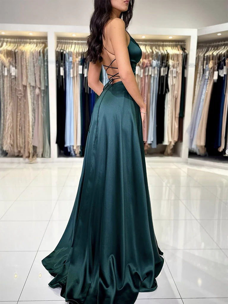 A-Line V Neck Dark Green Satin Long Prom Dress Dark Green Evening Dress