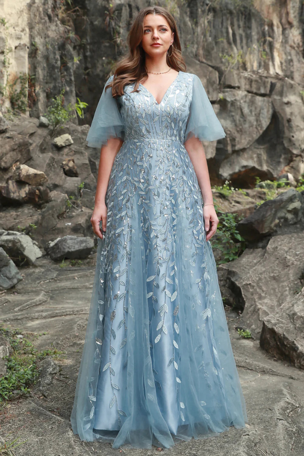 Grey blue long V-neck chiffon sleeve ball gown