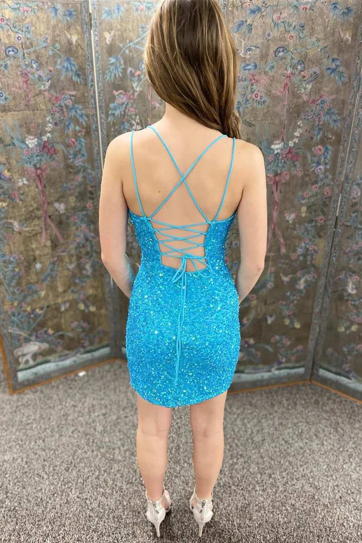 V Neck Blue Sequins Short Homecoming Dresses with Lace-up
