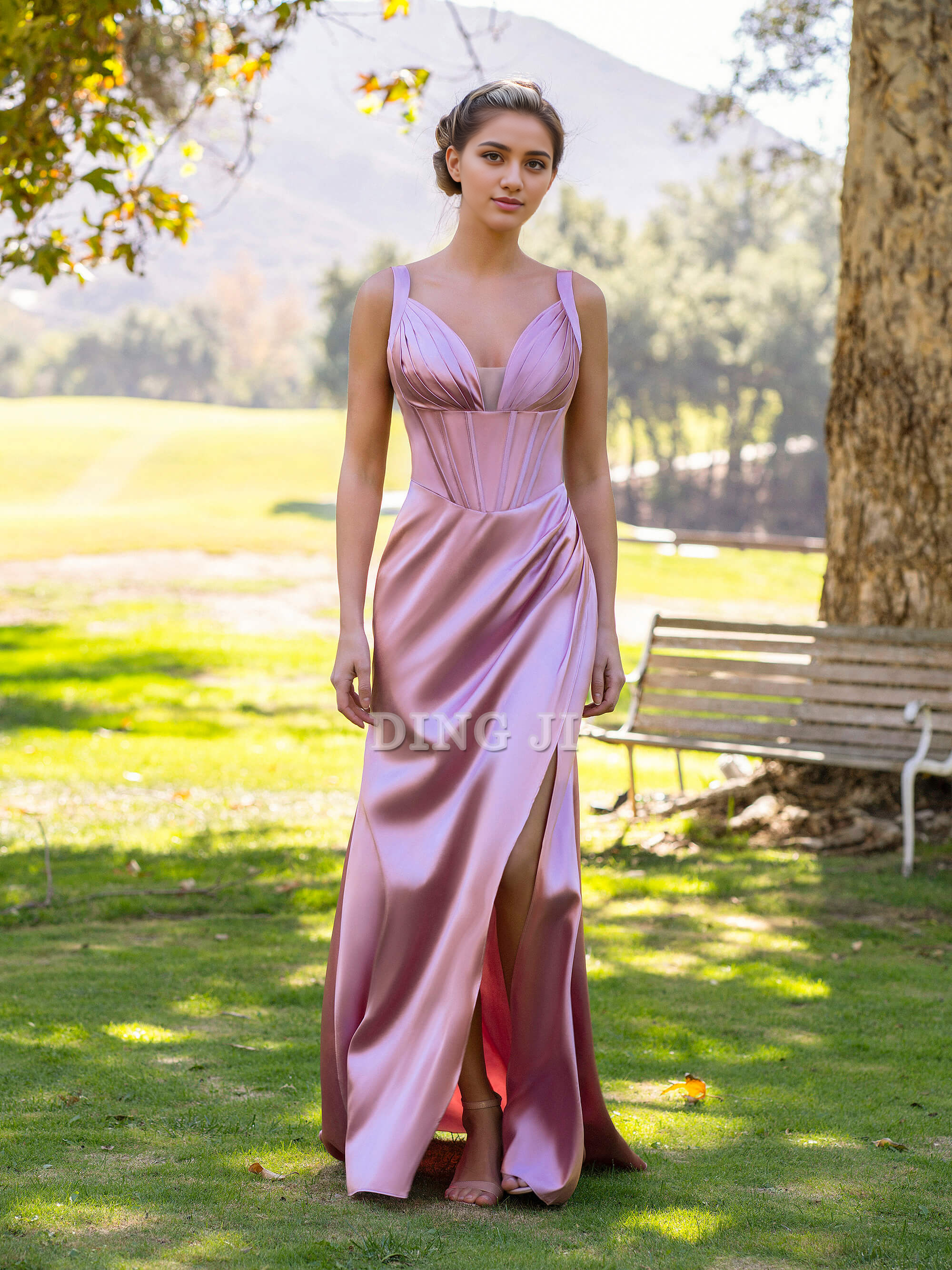 DingJiDress Evening Dress Sheath Pink Pleated V-neck Satin Floor Length Prom Dress Side Fork Exquisite Elegant Formal Wear Dresses Wedding Guest Dresses