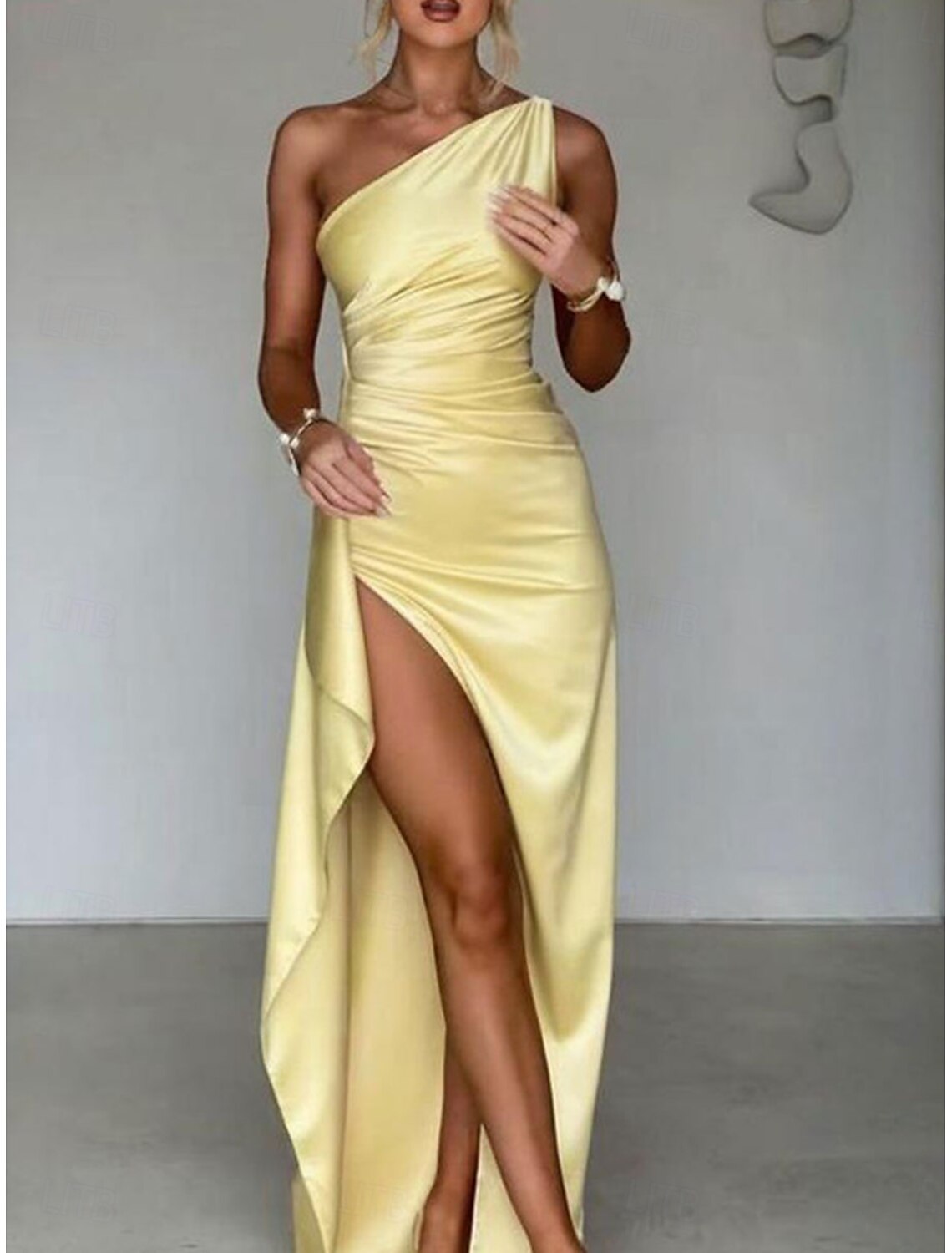 Yellow Mermaid Trumpet Party Dresses Elegant Dress Wedding Wedding Guest Floor Length Sleeveless One Shoulder Satin with Ruched Details