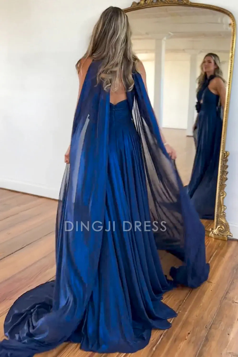 DingJiDress A-Line Halter Neck Flower Long Satin Ribbons Side Fork Fashion Prom Dress