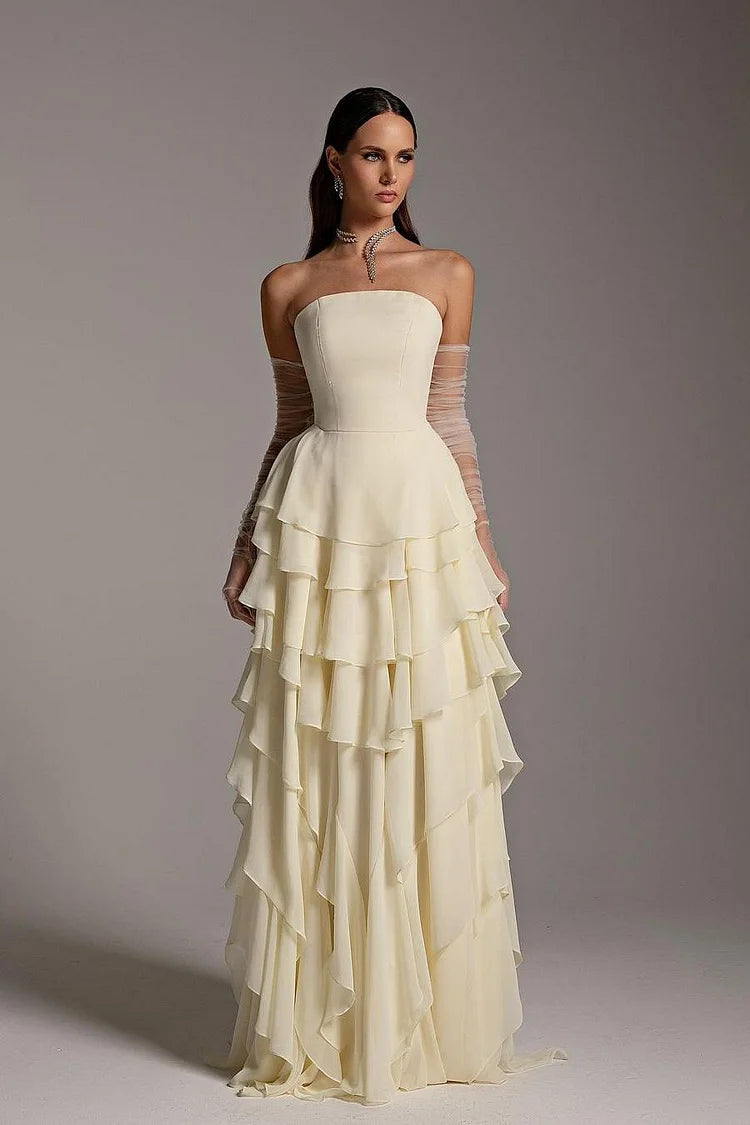 Charming Strapless Sleeveless Ruffles Long Prom Dress With