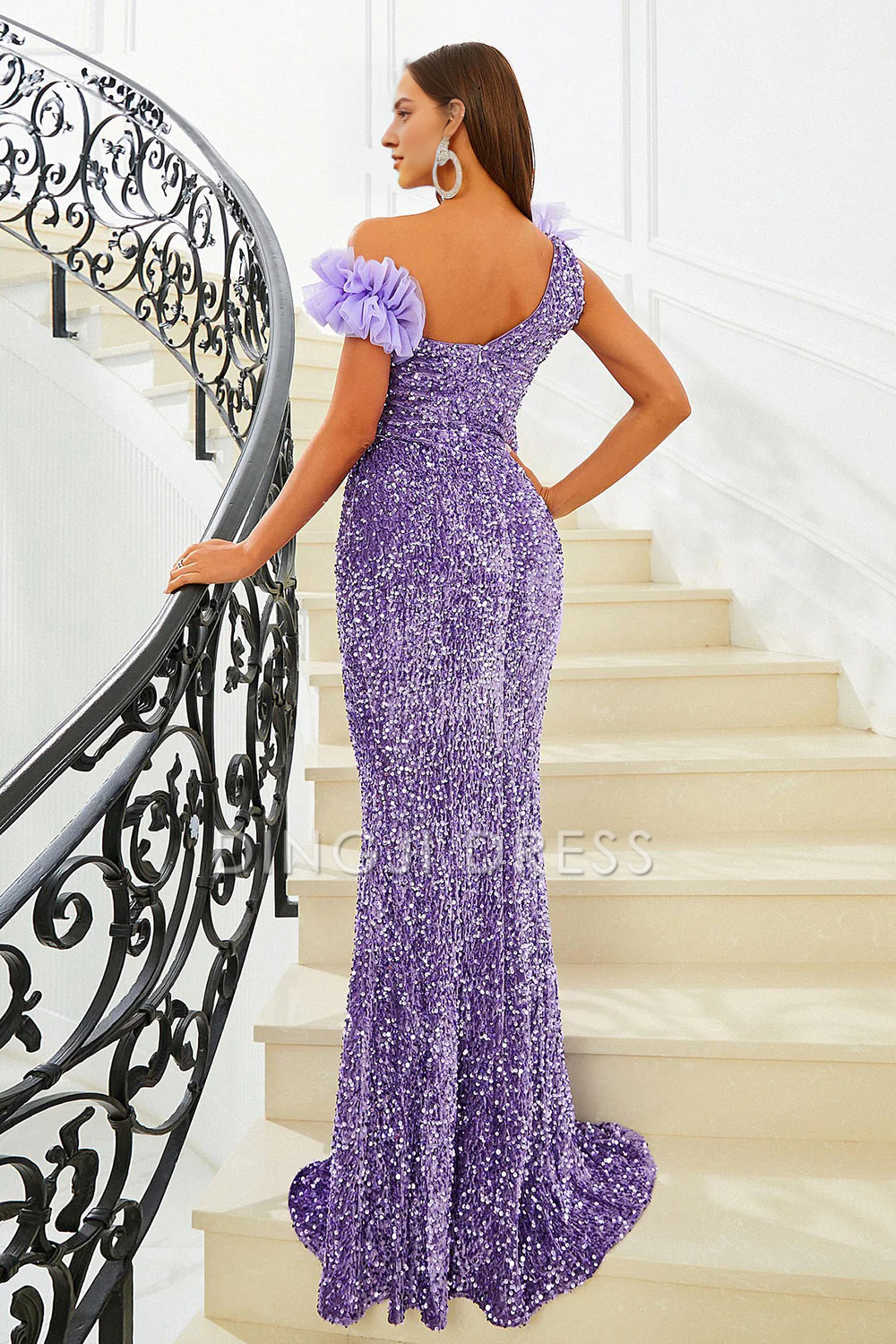 DingJiDress High Quality Dress Evening Dress Charming Mermaid Sequins Ruched One-Shoulder Fashion Long Prom Dress