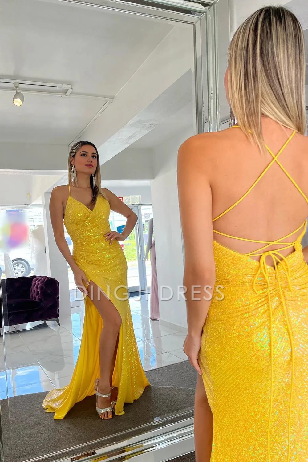 DingJiDress Sparkly Mermaid Spaghetti Straps Sequins Long with Split Front Sexy Prom Dress