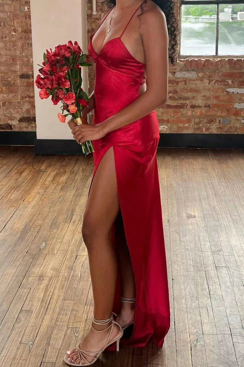 Red Spaghetti Straps V-Neck Satin Long Prom Dress with Slit