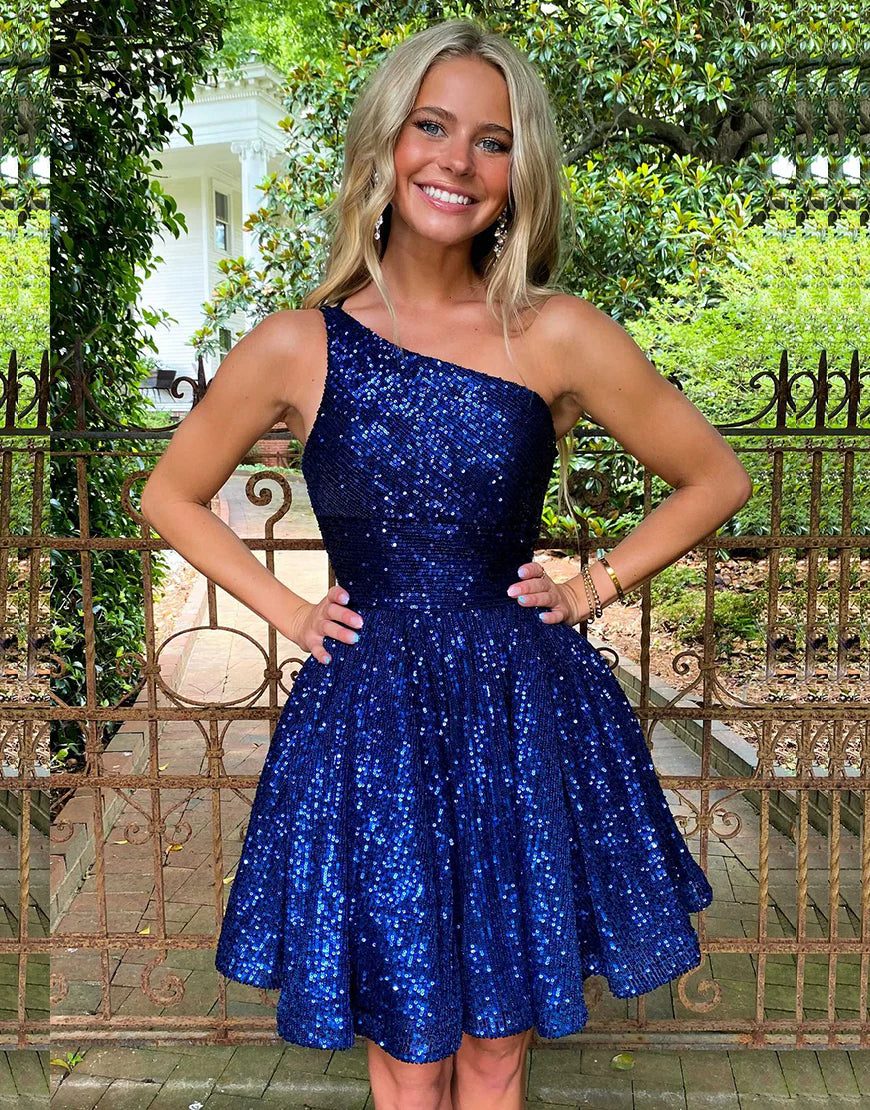Blue short shoulder sequined back to school dress