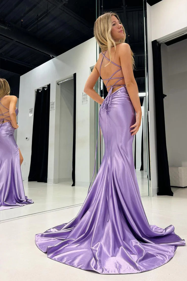 Simple mermaid spaghetti strap, light purple satin dance dress slit