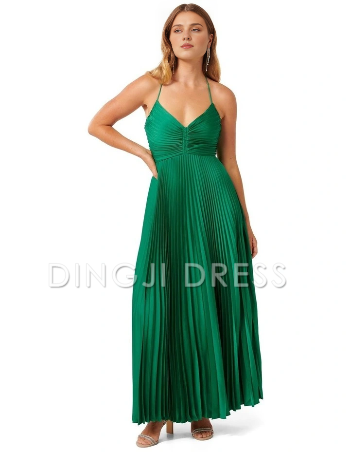 DingJiDress Chic A Line Halter Neck Pleated Long with Keyhole High Quality Prom Dress