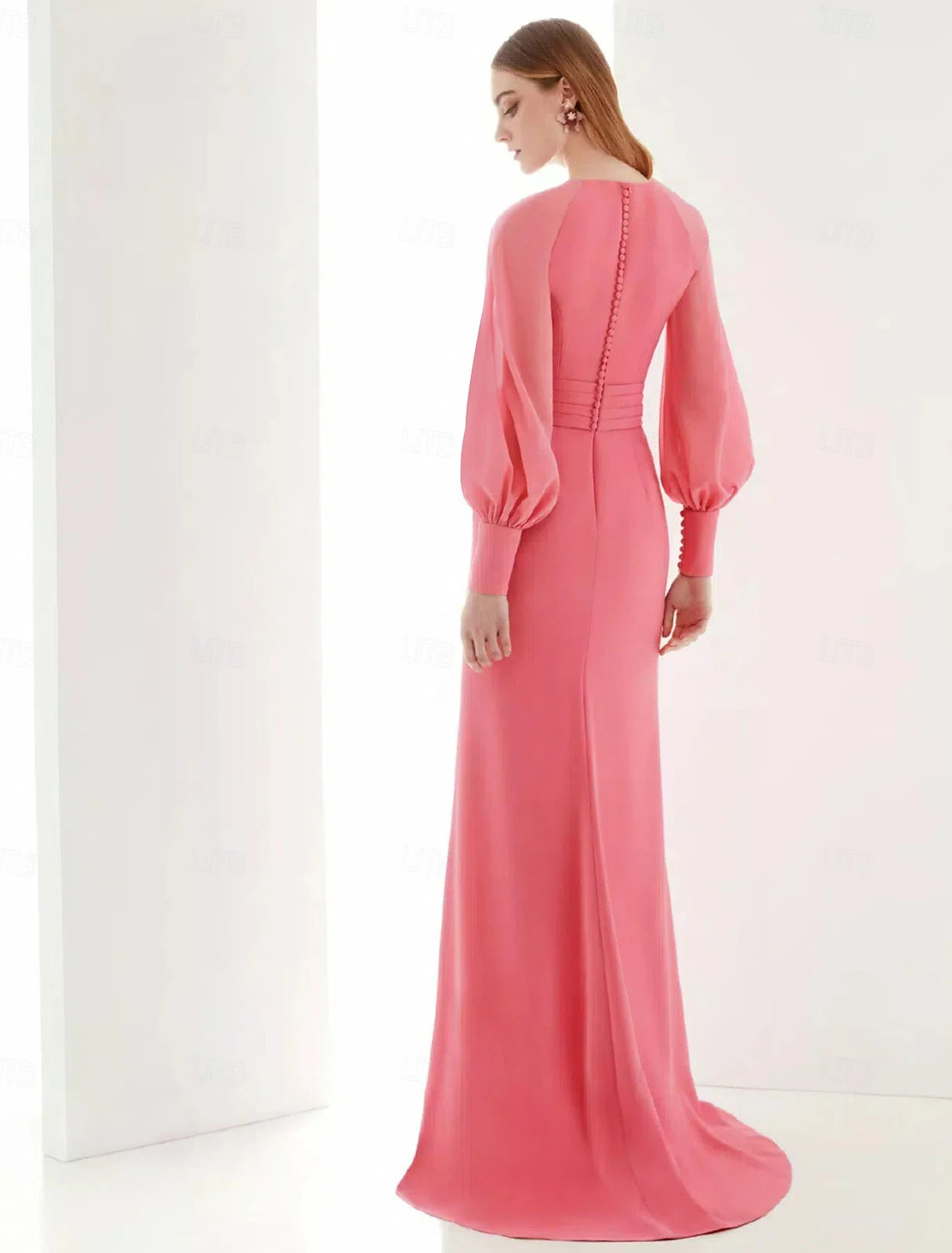 Pink A-Line Evening Gown Elegant Dress Formal Floor Length Long Sleeve V Neck Chiffon with Ruffles Slit Butterfly