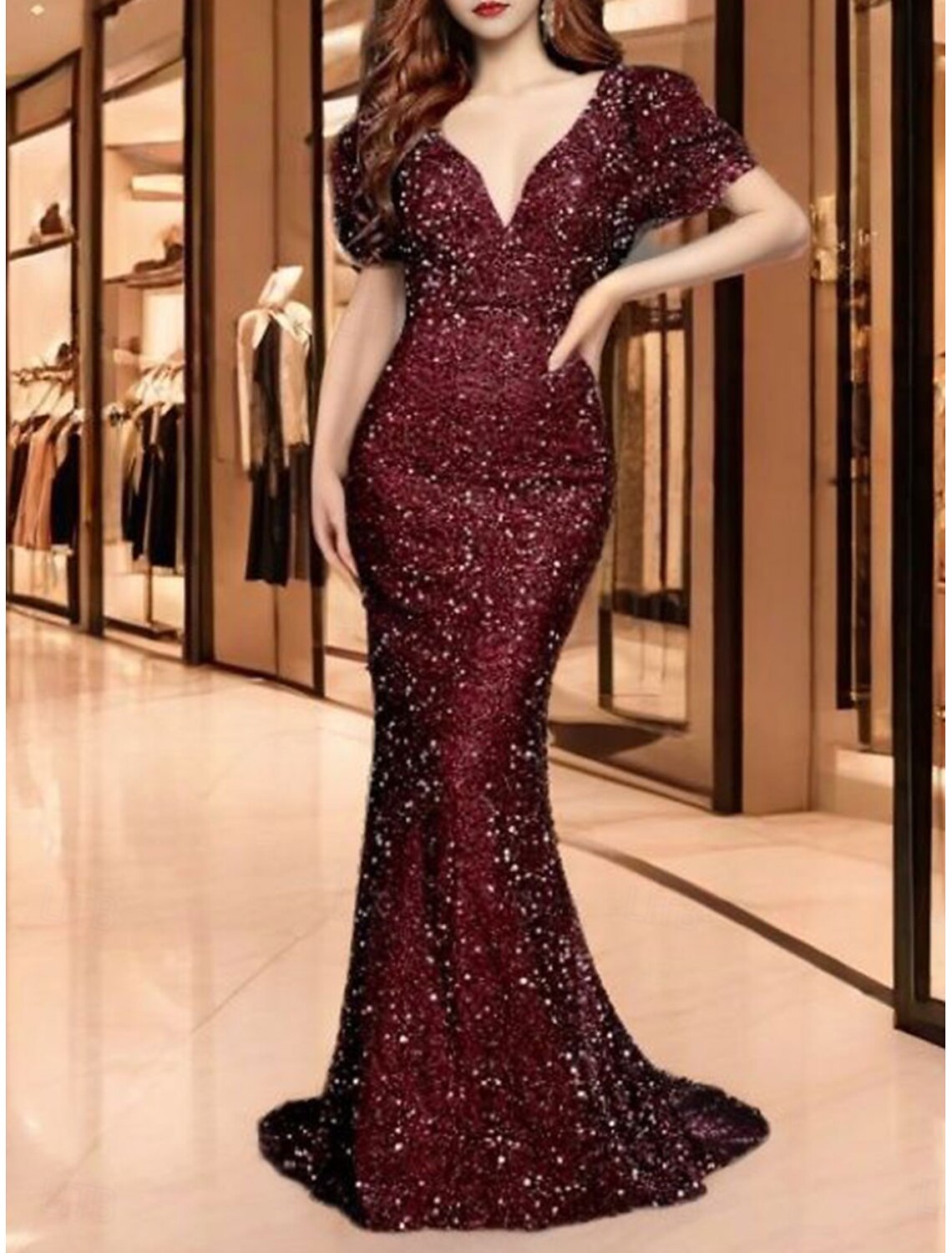 Mermaid Trumpet Quinceanera Dresses Elegant Dress Wedding Wedding Guest Sweep / Brush Train Short Sleeve V Neck Sequined Backless with Sequin