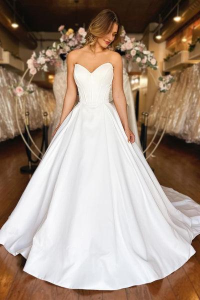 Simple Strapless White Satin Wedding Dresses
