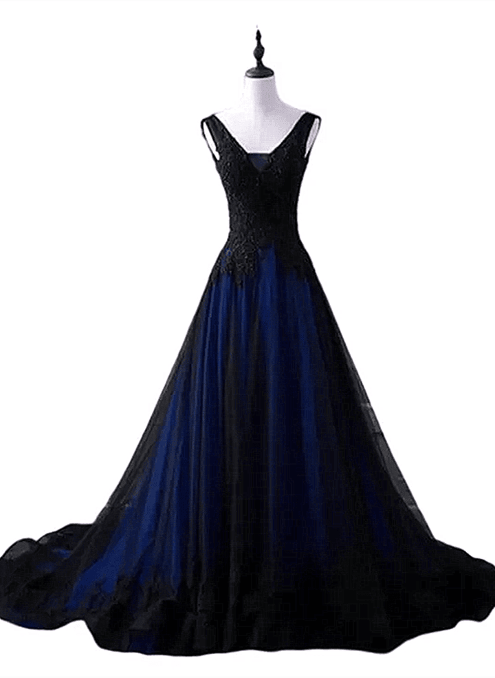 Black and Blue V-neckline Lace and Tulle Applique Long Party DressBlack and Blue Prom Dress