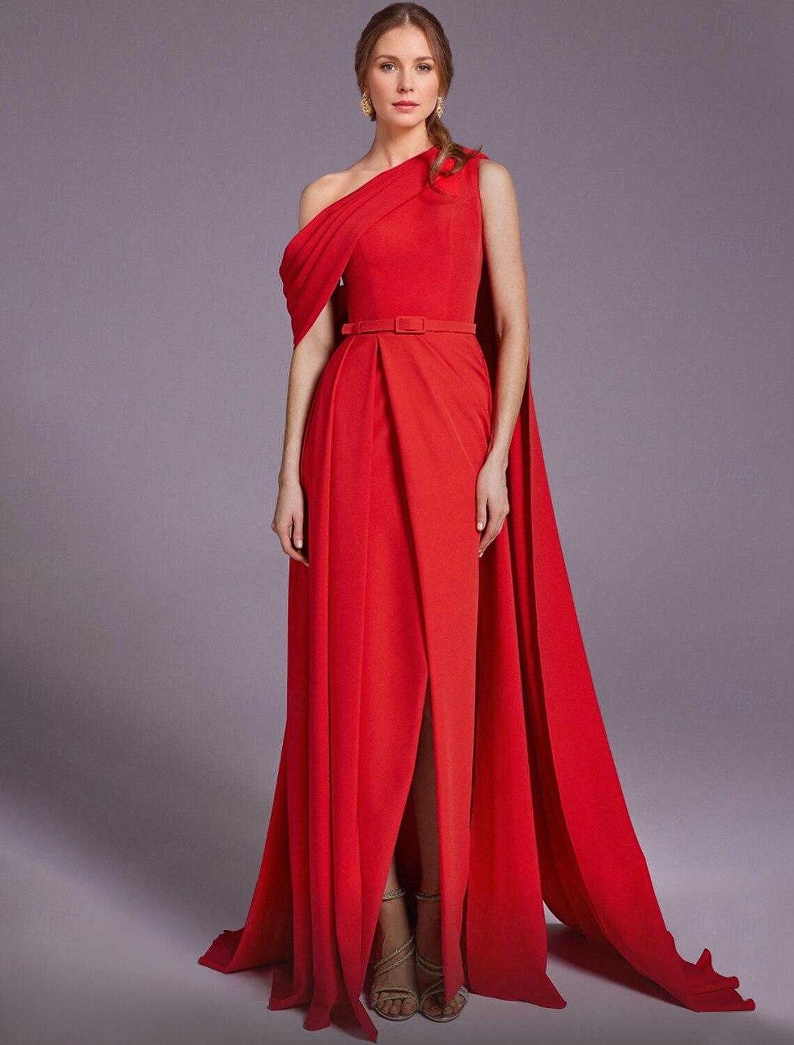 Red Sheath Maxi Evening Gown Elegant Dress Formal Floor Length Short Sleeve One Shoulder Belt / Sash Stretch Crepe with Ruffles Shawl