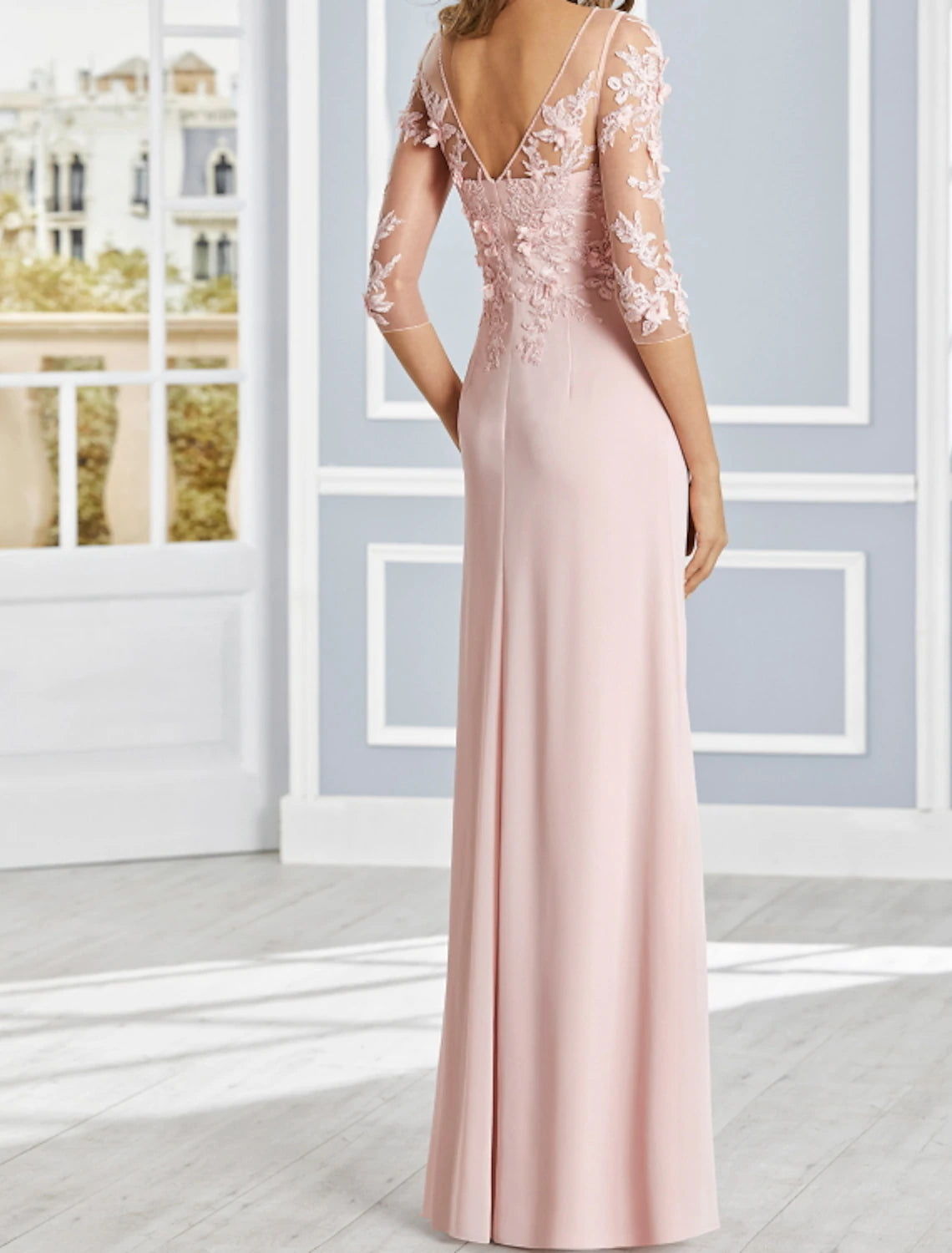 Sheath Evening Gown Luxurious Dress Wedding Guest Engagement Floor Length Half Sleeve Illusion Neck Chiffon with Ruffles Draping Appliques