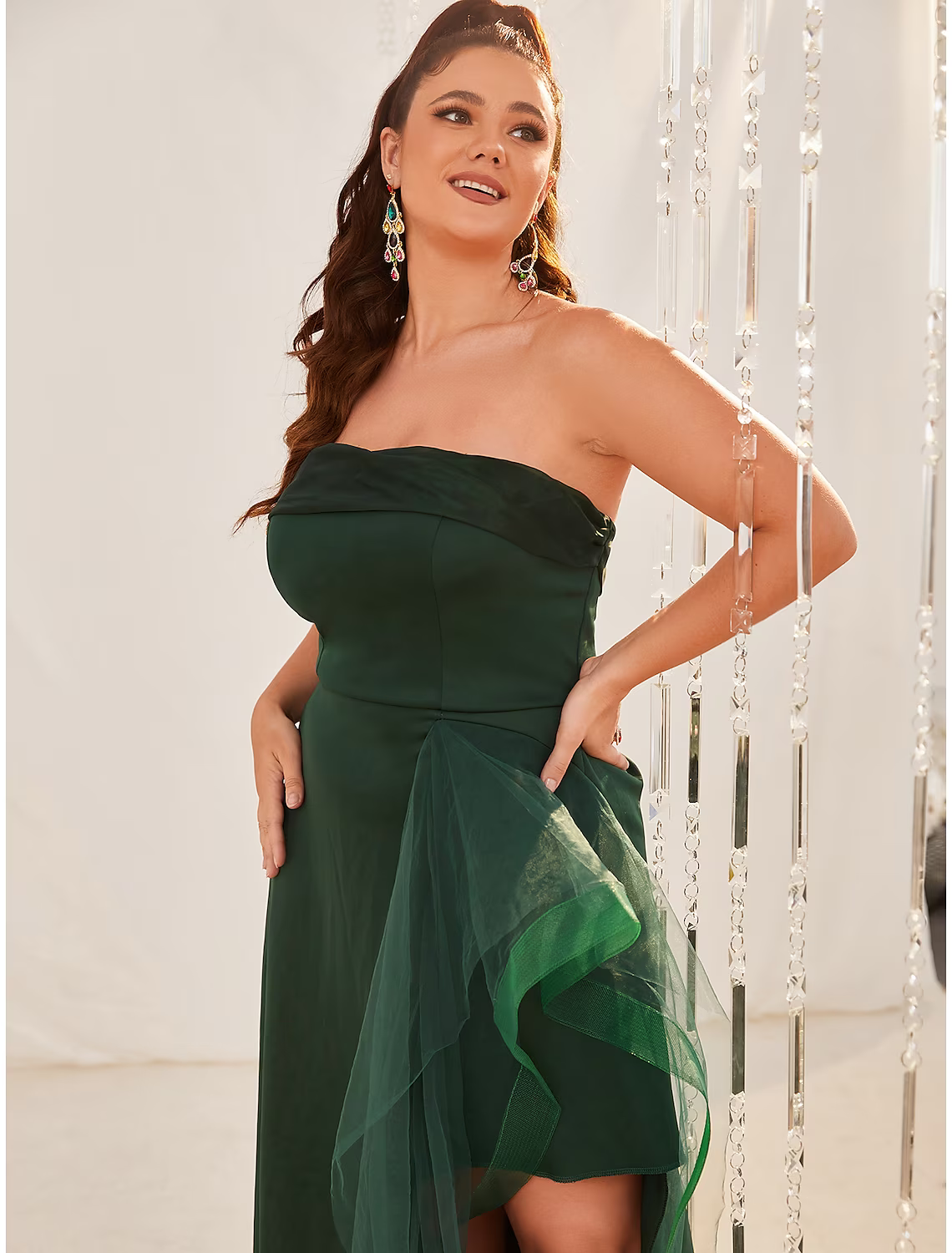 A-Line Wedding Guest Dresses Plus Size Dress Formal Sleeveless Strapless Organza with Slit