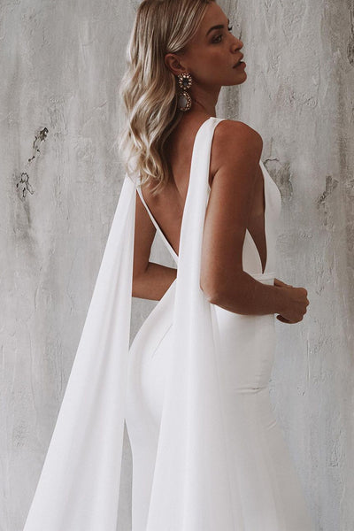 Elegant Mermaid V Neck Elastic Satin Long Wedding Dresses