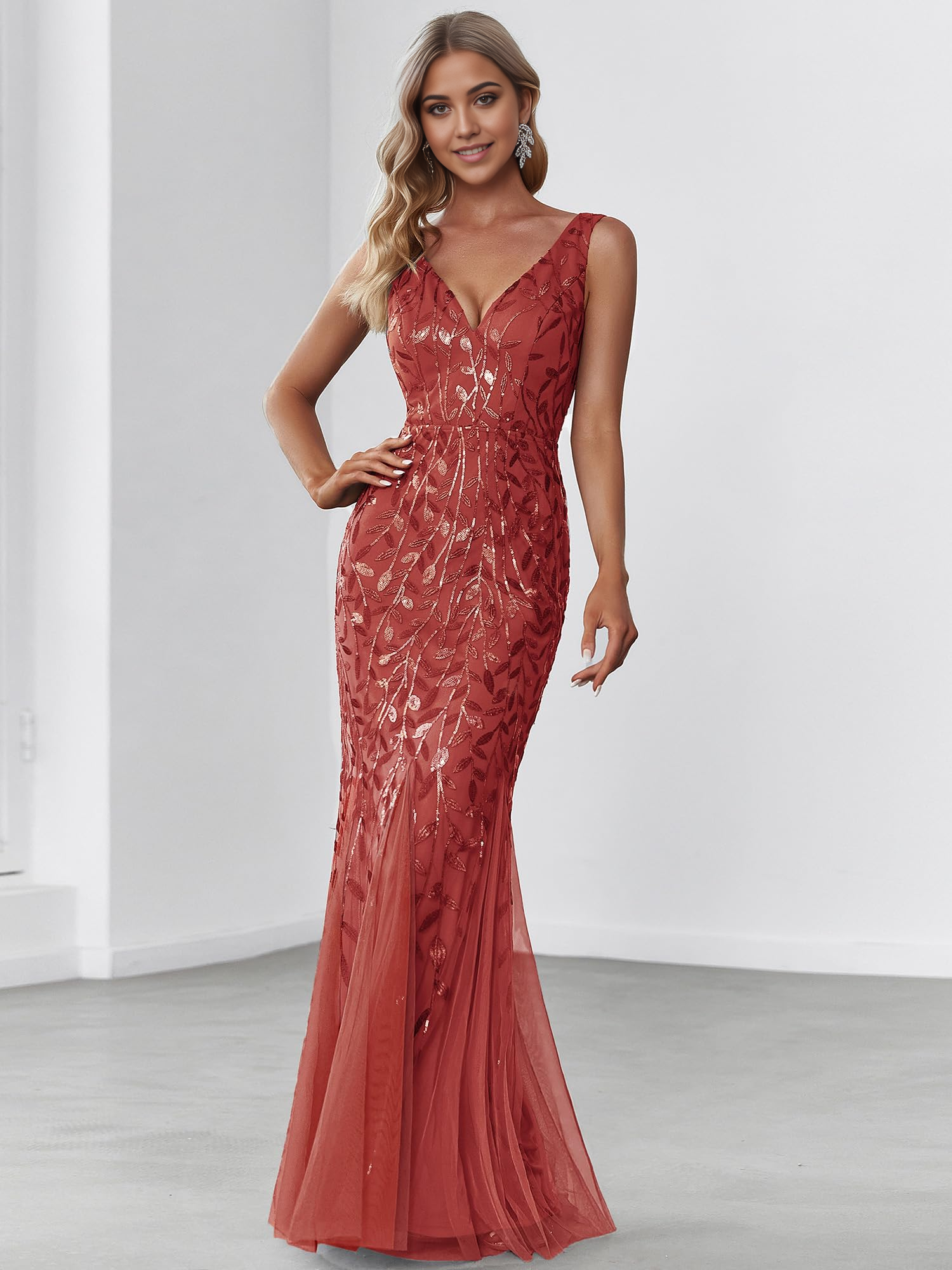 DingJiDress Prom Dresses Women's Sequin Double V-Neck Sleeveless Mermaid Long Evening Dress Formal Wear Dresses Wedding Guest Dresses