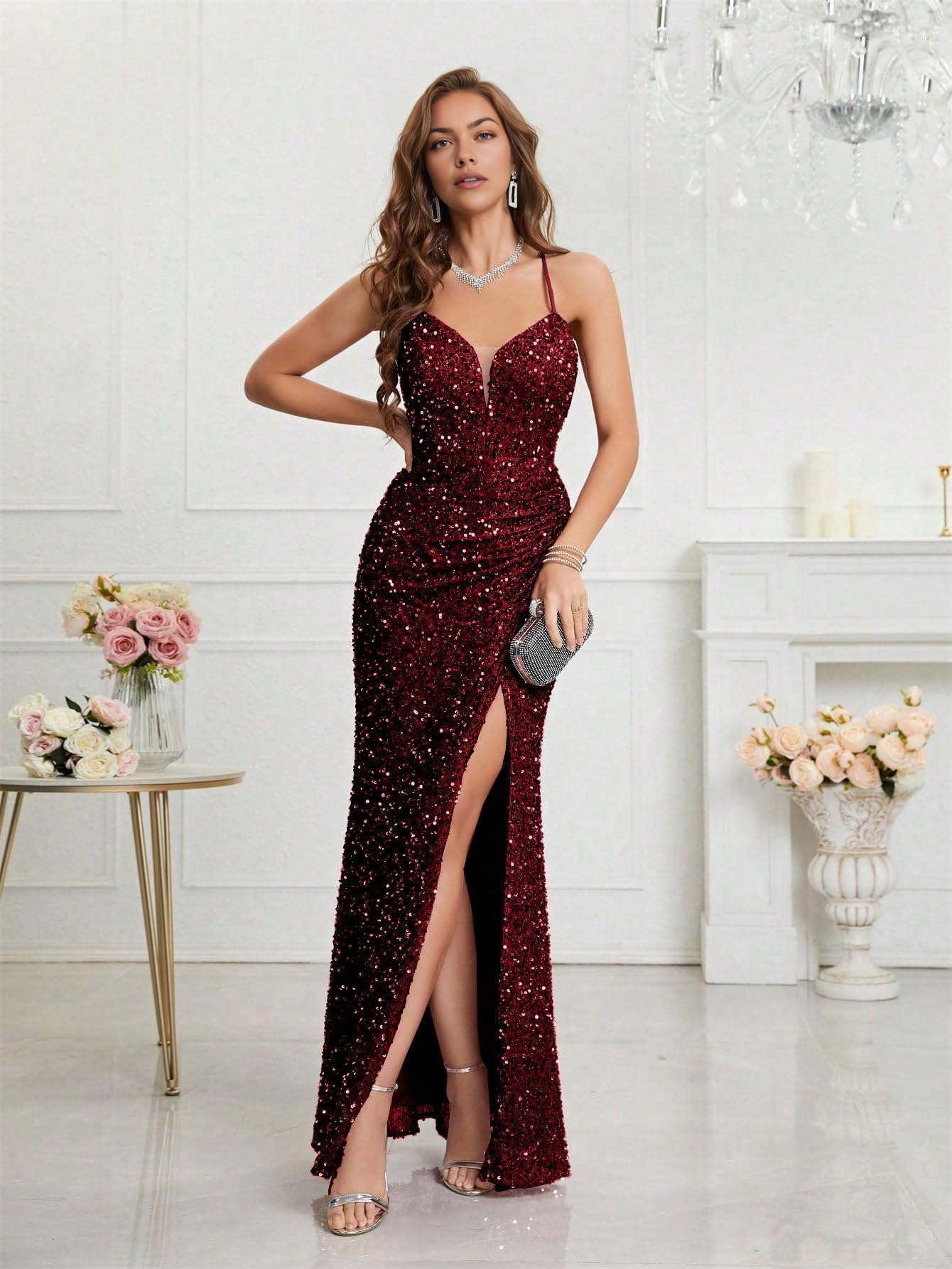 DingJiDress Prom Dresses Sequin Dress for Women Prom Dress Sexy V-Neck Bodycon Sequin Gowns and Evening Dresses Formal Wear Dresses Wedding Guest Dresses