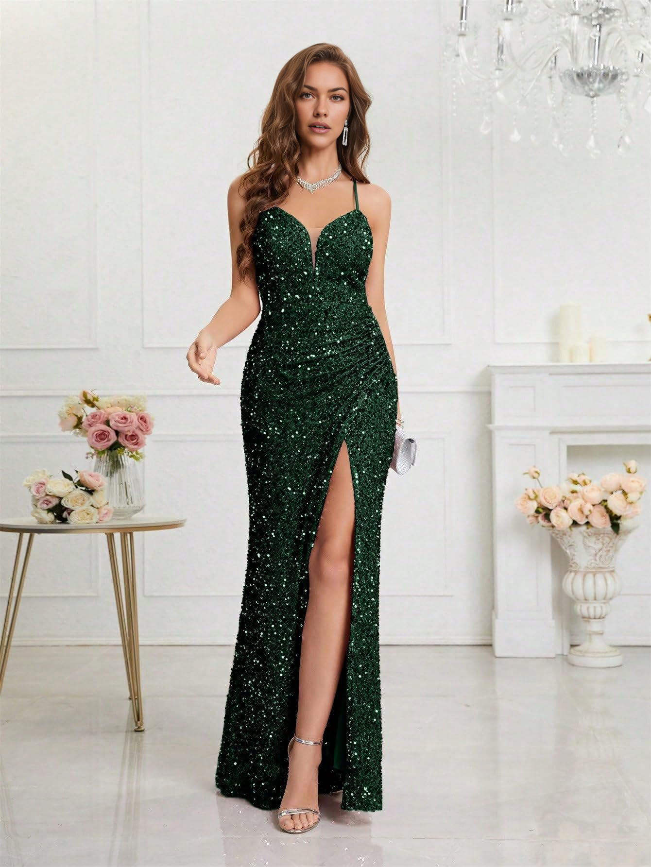 DingJiDress Prom Dresses Sequin Dress for Women Prom Dress Sexy V-Neck Bodycon Sequin Gowns and Evening Dresses Formal Wear Dresses Wedding Guest Dresses