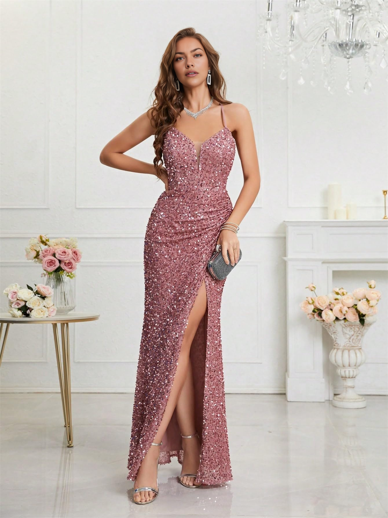 DingJiDress Prom Dresses Sequin Dress for Women Prom Dress Sexy V-Neck Bodycon Sequin Gowns and Evening Dresses Formal Wear Dresses Wedding Guest Dresses