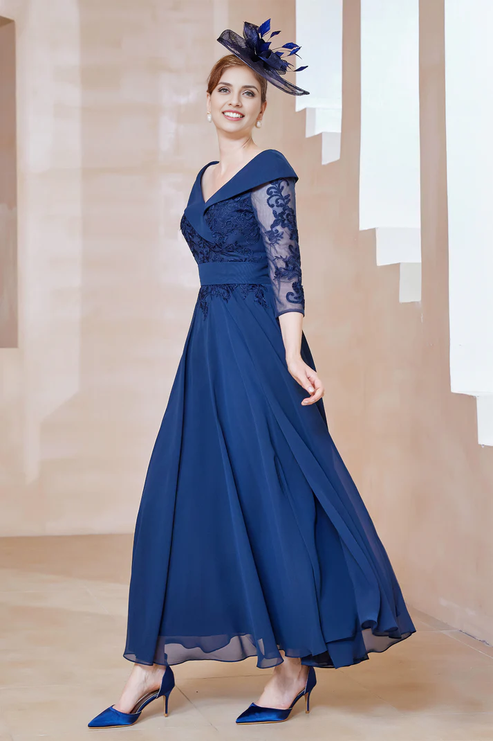 DingJiDress November December Autumn Winter Wedding Guest Dress V-Neck Lace A-Line Chiffon Dress Mother of the Groom / Bride Dresses