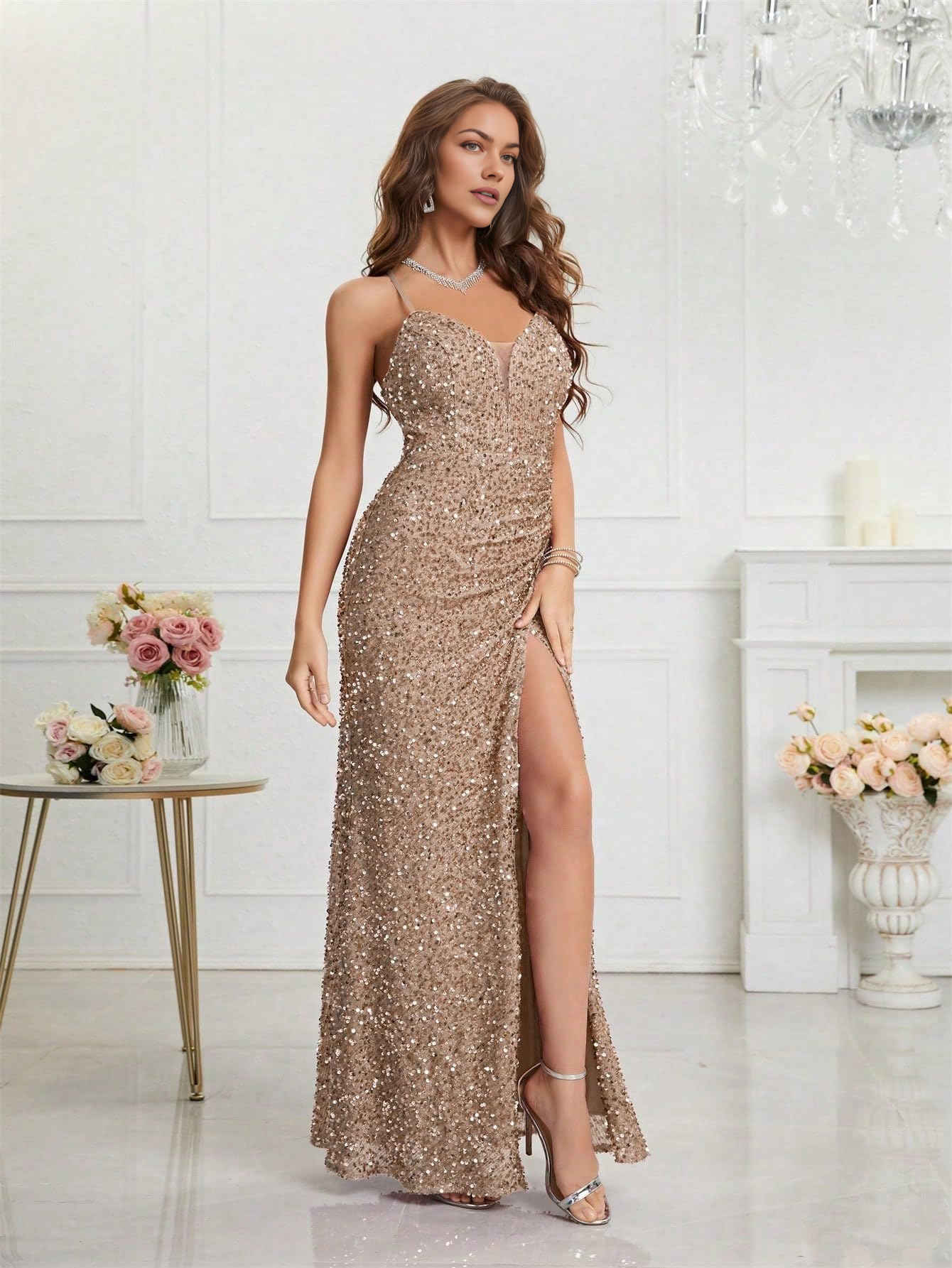DingJiDress Prom Dresses Sequin Dress for Women Prom Dress Sexy V-Neck Bodycon Sequin Gowns and Evening Dresses Formal Wear Dresses Wedding Guest Dresses