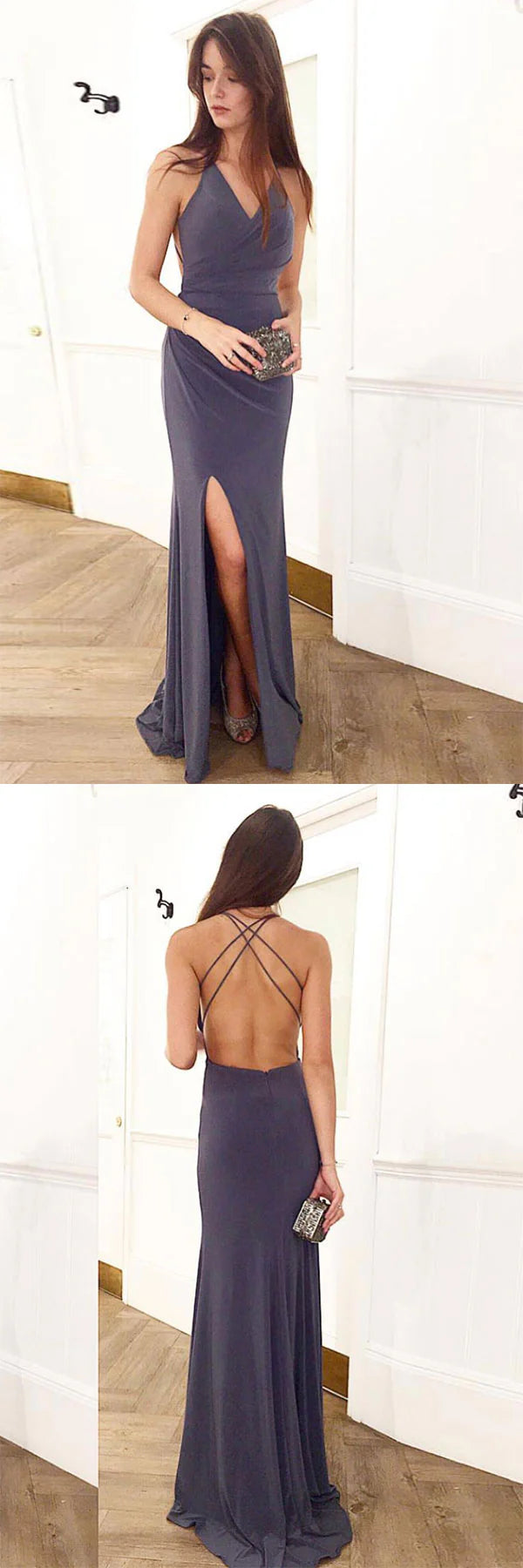 Simple v neck backless long prom dress evening dress ﻿