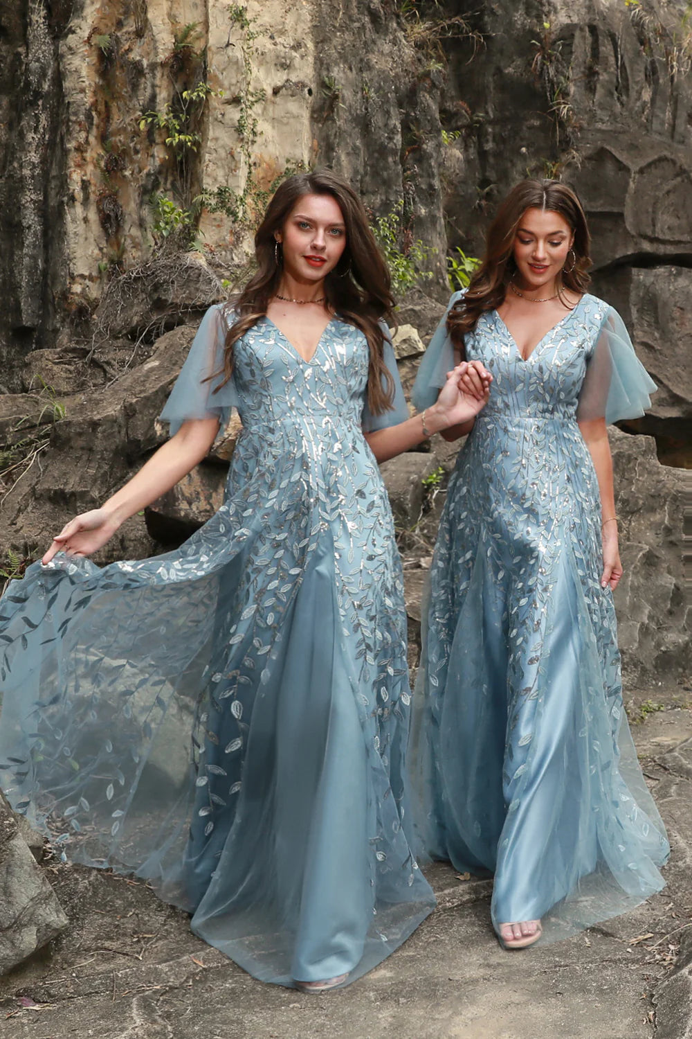 Grey blue long V-neck chiffon sleeve ball gown