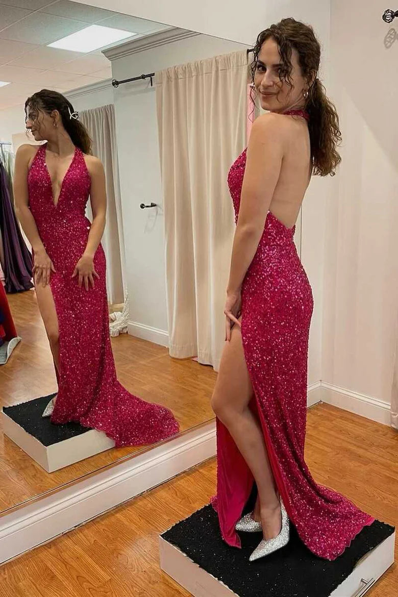 Red Sequin Halter Backless Long Formal Dress with Side Slit