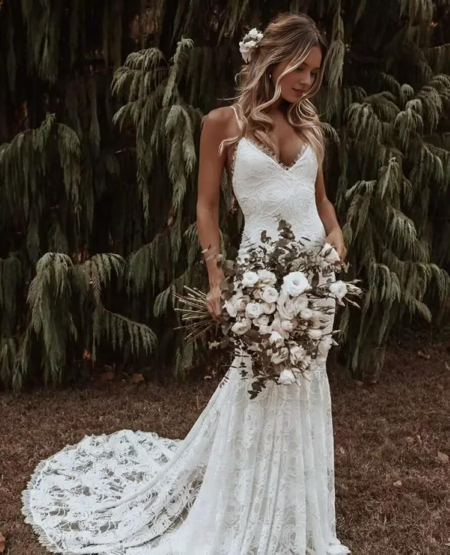 DingJiDress Wedding Dress Mermaid Boho Lace V-Neck Backless Beach Bridal Dress for Bride Formal Women's Dresses