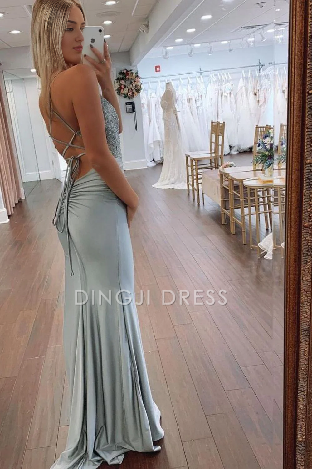 DingJiDress Exquisite Mermaid Spaghetti Straps Backless Lace Up Long Glitter Prom Dress