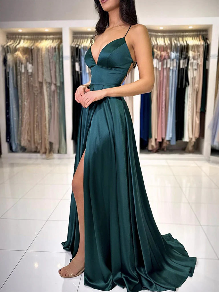 A-Line V Neck Dark Green Satin Long Prom Dress Dark Green Evening Dress