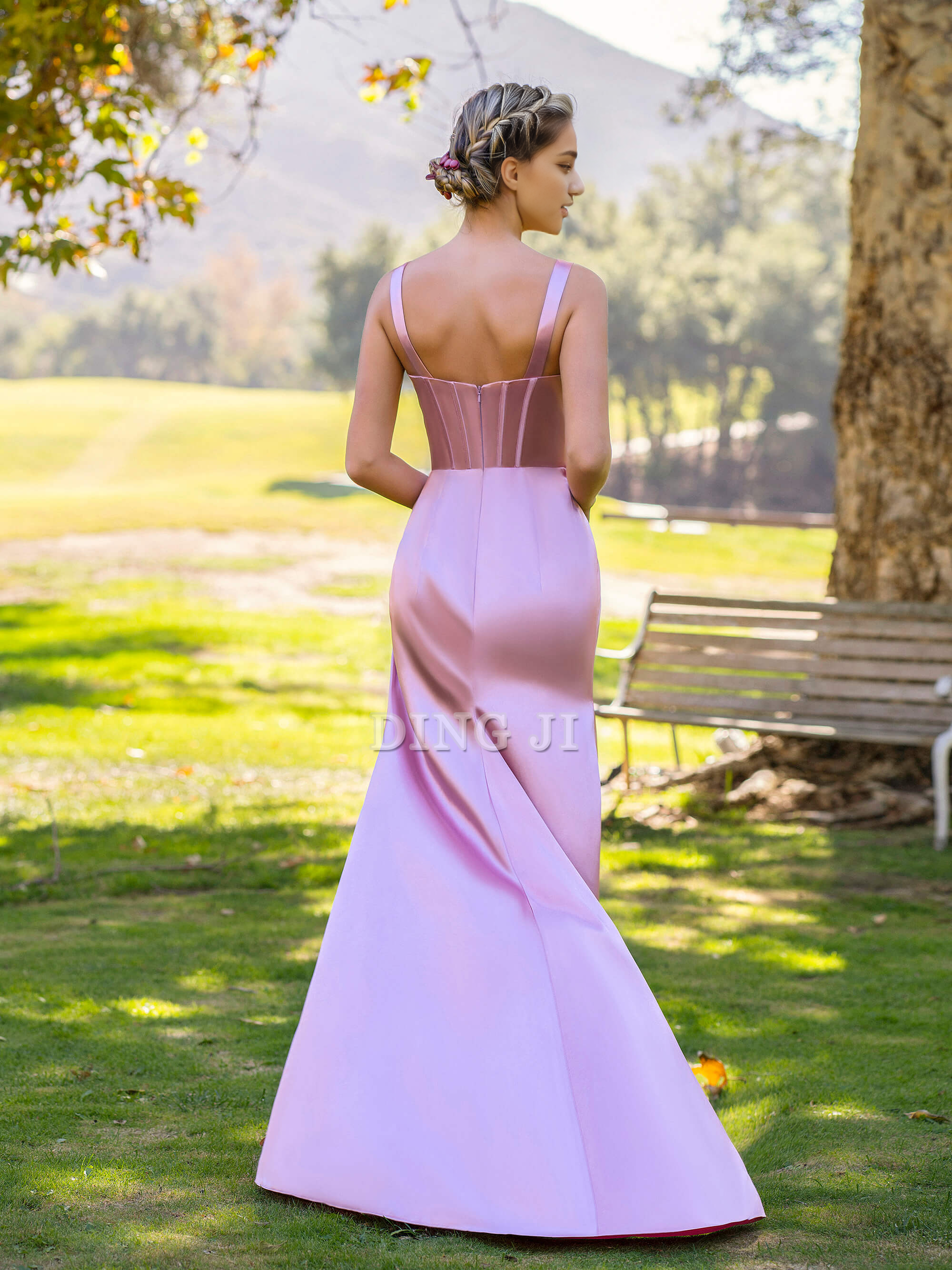 DingJiDress Evening Dress Sheath Pink Pleated V-neck Satin Floor Length Prom Dress Side Fork Exquisite Elegant Formal Wear Dresses Wedding Guest Dresses