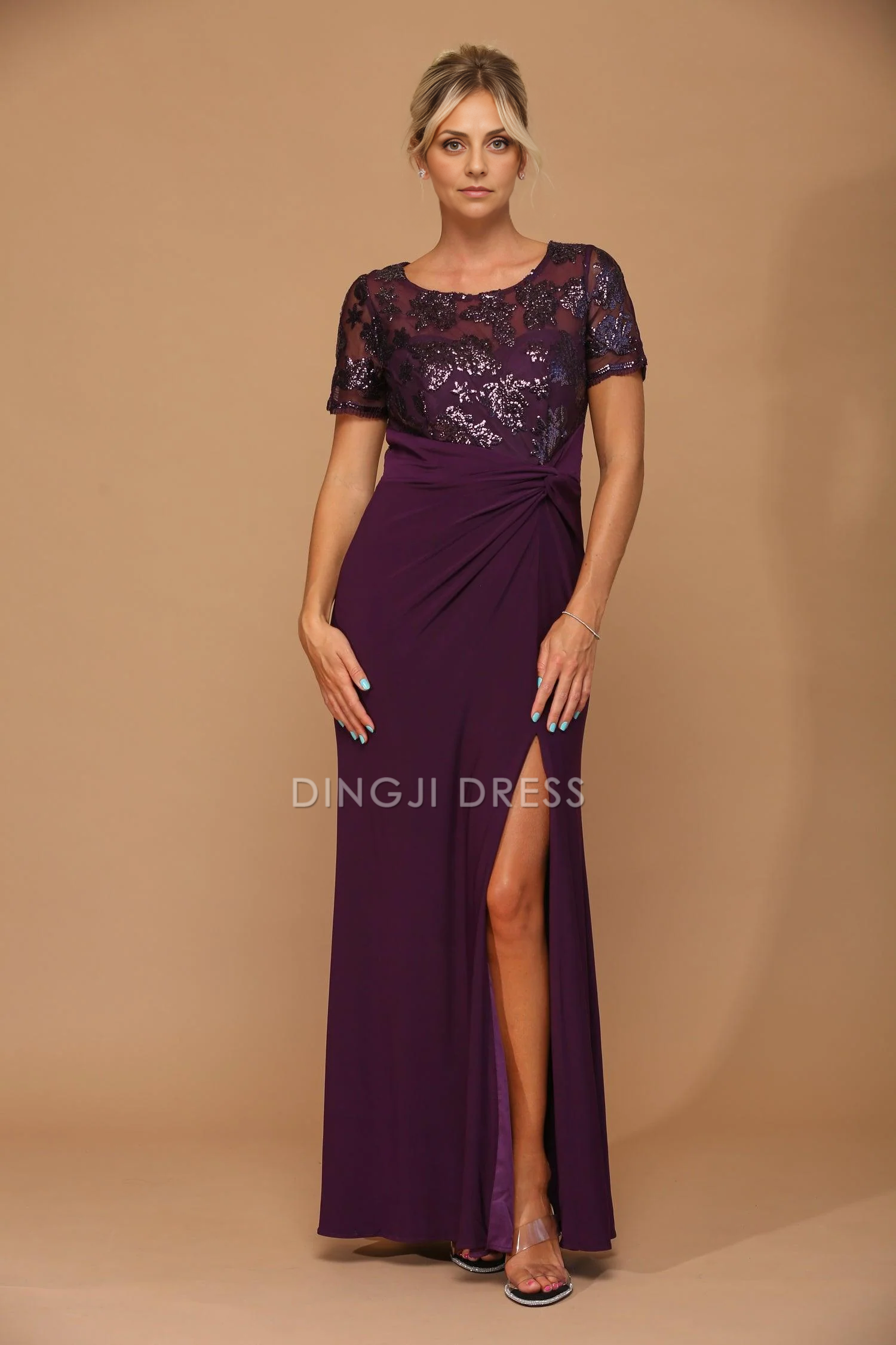 DingJiDress Evening Dress Modest Round Neck Short Sleeve Sexy High Slit Beautiful Mother Of The Bride Dress