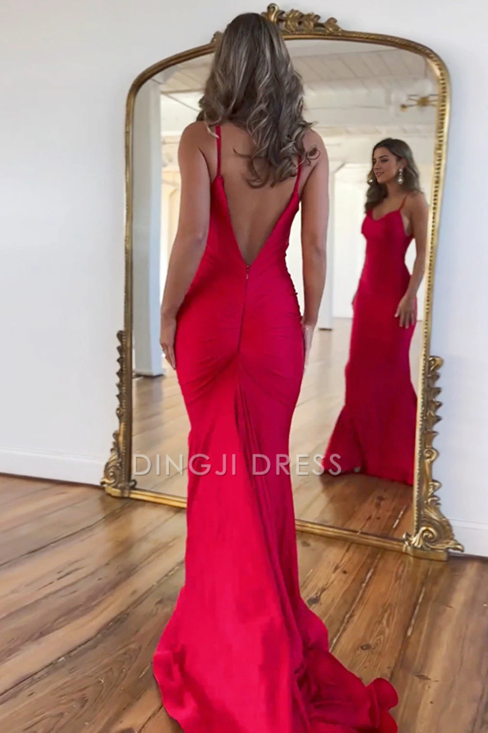 DingJiDress Simple Satin Mermaid Spaghetti Straps Backless Long Elegant Prom Dress