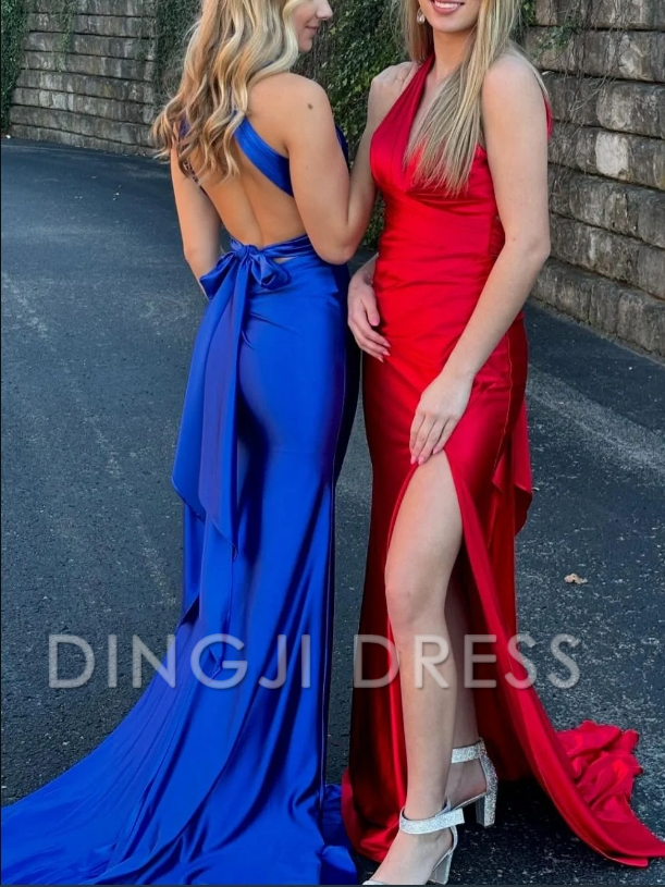 DingJiDress Charming Mermaid V Neck Long with Open Back Side Fork Elegant Prom Dress